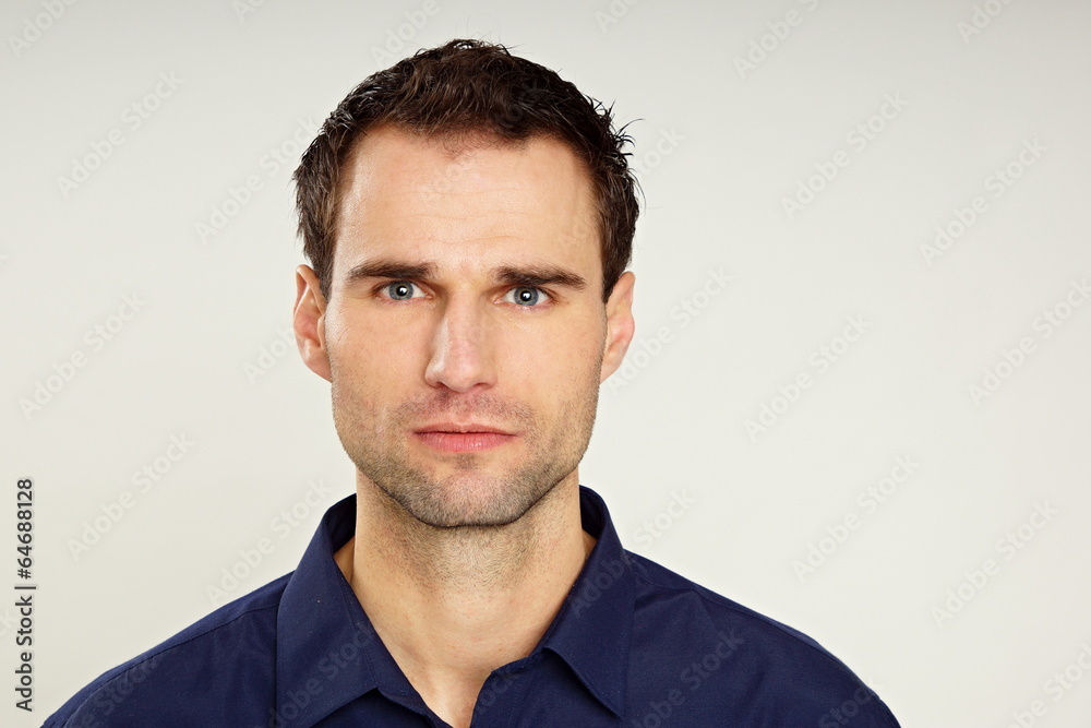 Handsome man in dark blue shirt, right you caan write some text Handsome man in dark blue shirt, right you caan write some text