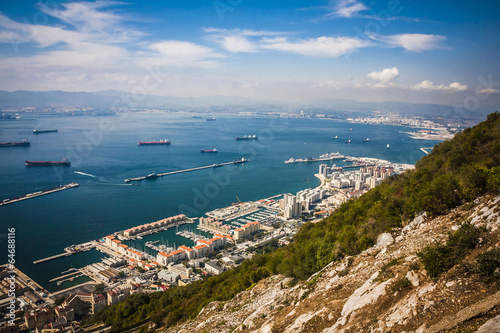 Scenic view from above over Gibraltar Bay and town