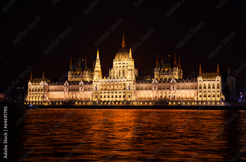 View of parliament from Danube river at night
