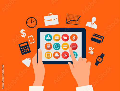 Business concept. Hands touching a tablet with flat icons. Vecto