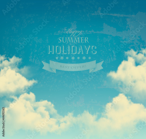 Retro sky with clouds background. Vector.