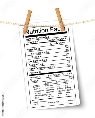 Nutrition facts label hanging on a rope. Vector.