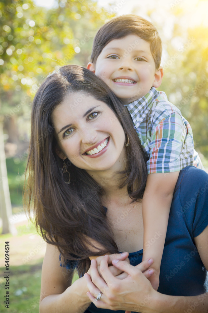 Attractive Mixed Race Mother and Son Hug in Park Attractive Mixed Race Mother and Son Hug in Park