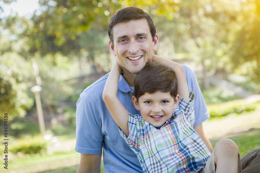 Handsome Mixed Race Father and Son Park Portrait Handsome Mixed Race Father and Son Park Portrait