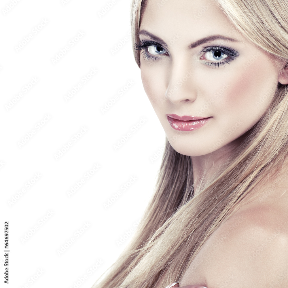 Naklejka premium portrait of whiteheaded young woman with blue eyes on white 