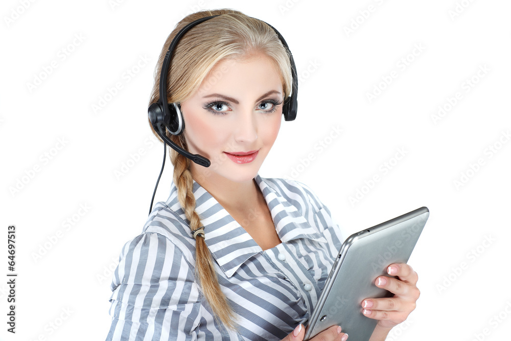 Can I help you ? Closeup of a female customer service representa Can I help you ? Closeup of a female customer service representa