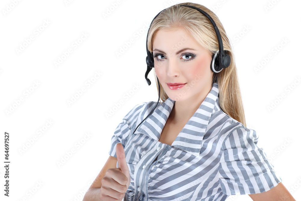Can I help you ? Closeup of a female customer service representa Can I help you ? Closeup of a female customer service representa