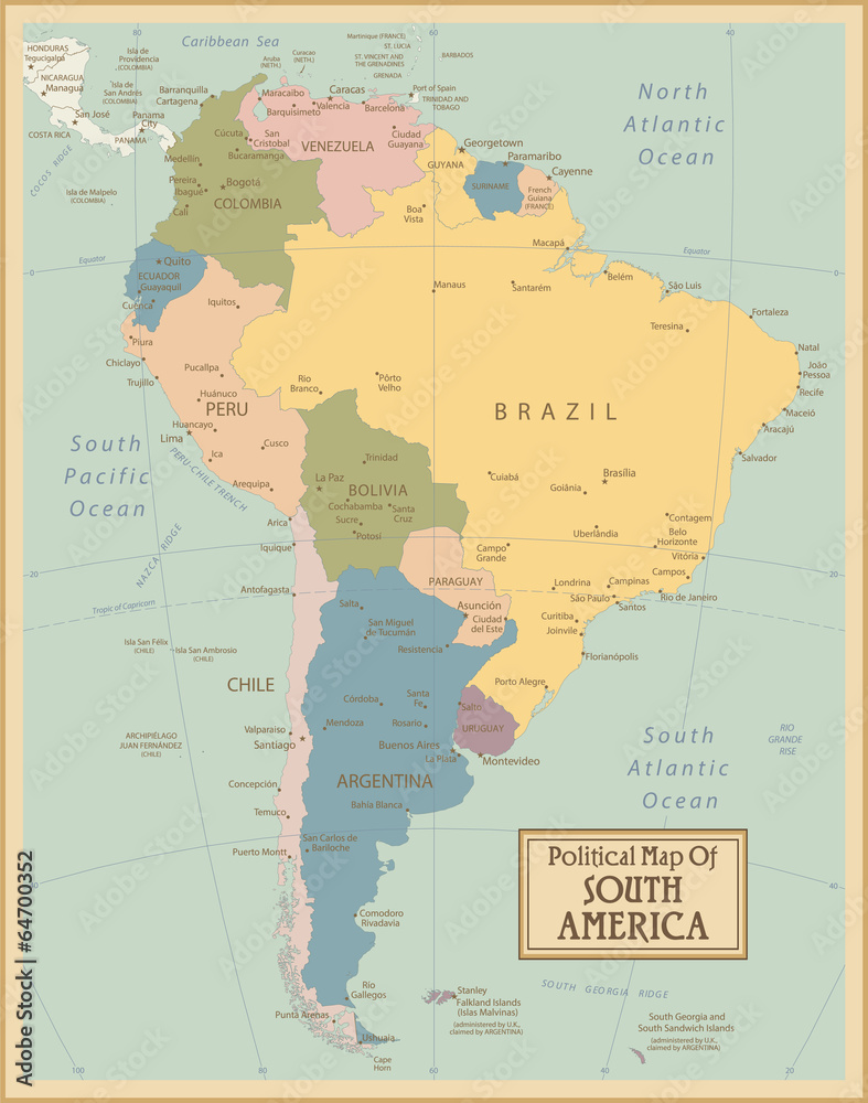 Fototapeta premium Mapa Ameryki Południowej - bardzo szczegółowa, zastosowane warstwy.