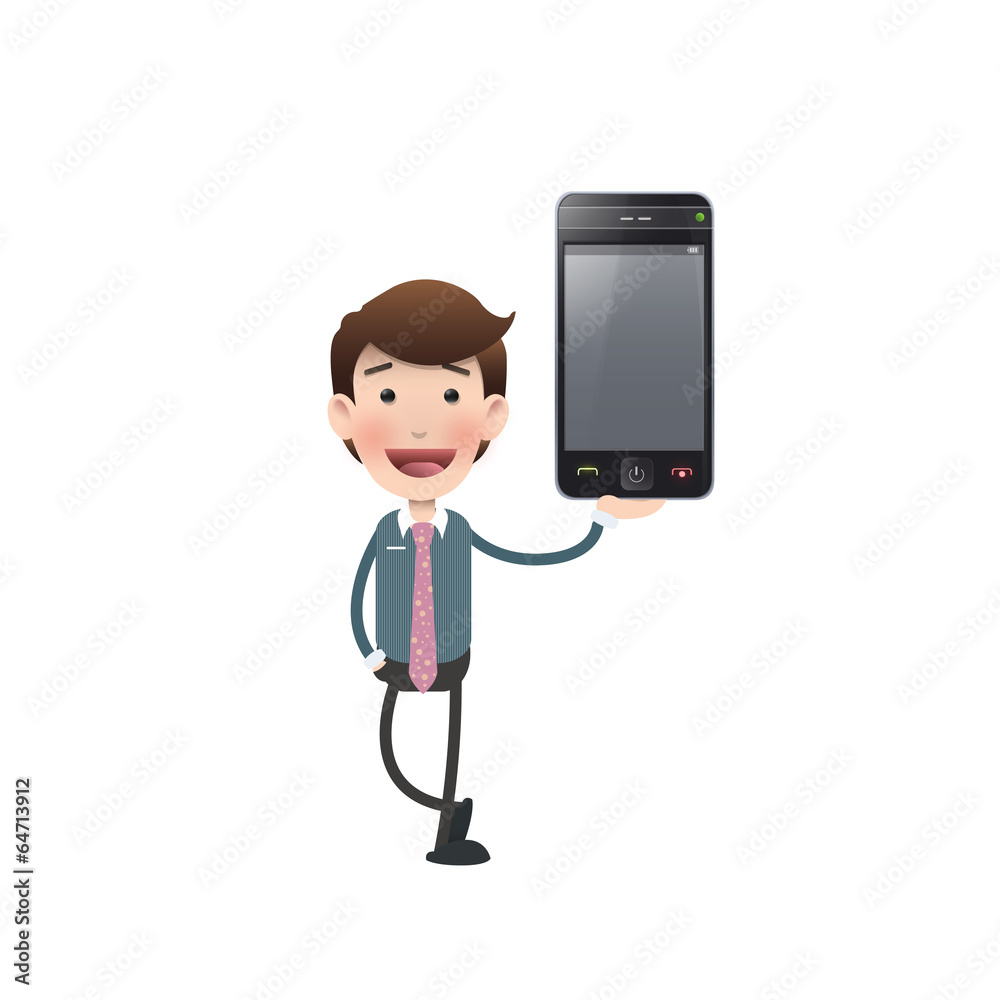Businessman with realistic phone over white background Businessman with realistic phone over white background