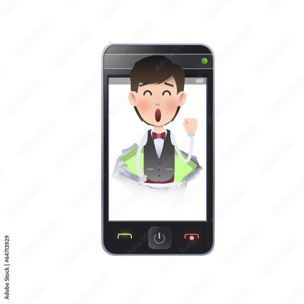 Businessman with realistic phone over white background Businessman with realistic phone over white background