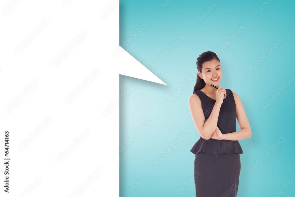 Composite image of thoughtful asian businesswoman with speech bu Composite image of thoughtful asian businesswoman with speech bu