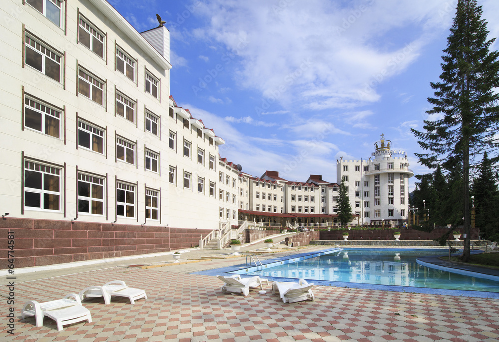 Fototapeta premium Sanatorium Altai Crown. Fir Island on the Katun River.