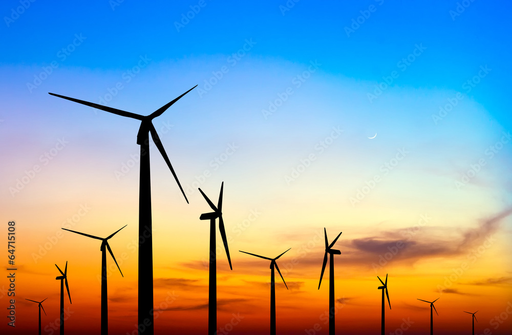 wind turbine silhouette on colorful sunset