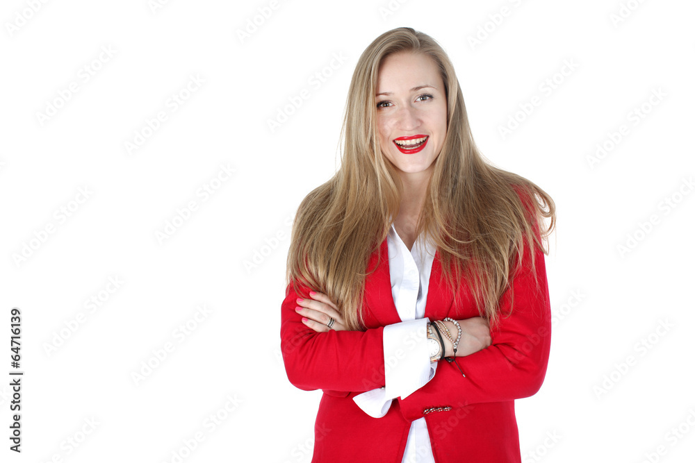 Casual woman in red coat smiling isolated on white background Casual woman in red coat smiling isolated on white background