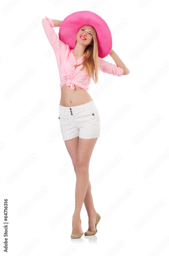 Young dancing model in panama hat isolated on white Young dancing model in panama hat isolated on white