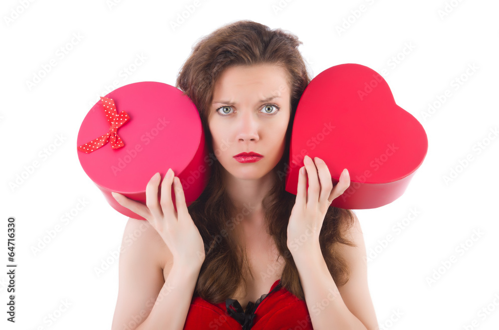 Young girl in red dress with heart casket isolated on white Young girl in red dress with heart casket isolated on white