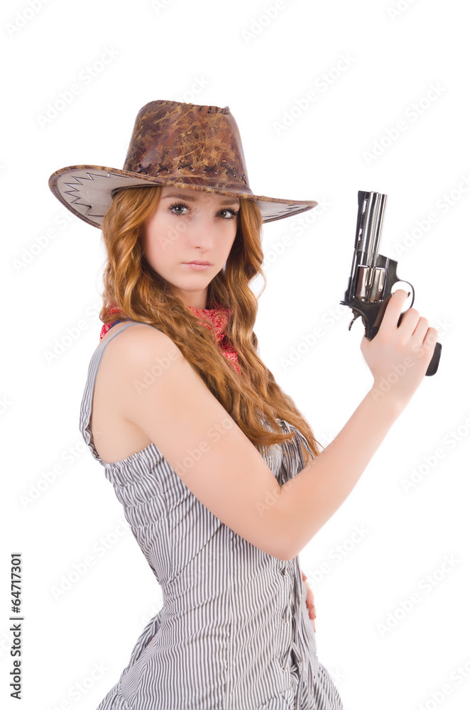 Woman gangster with gun isolated on white Woman gangster with gun isolated on white