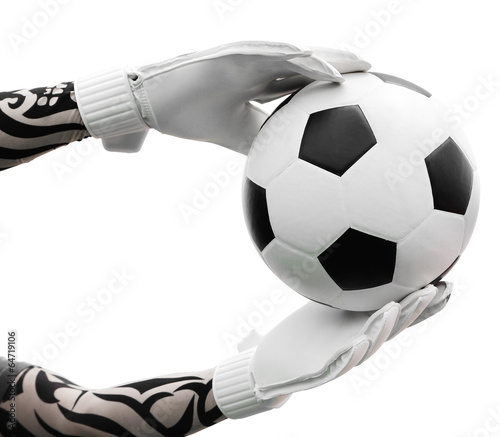 Goalkeeper's hands catching the soccer ball on white background