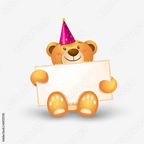 Cute teddy bear with a banner, template greeting card