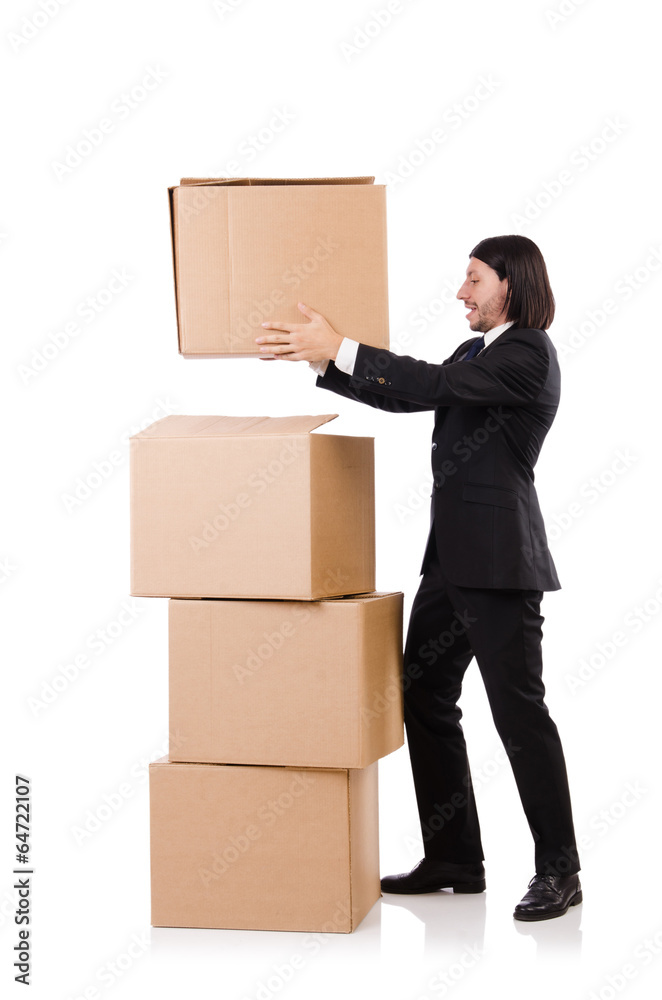 Funny man with boxes on white Funny man with boxes on white