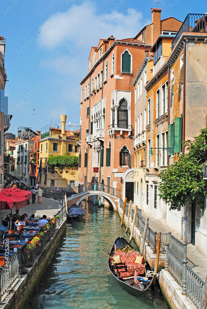 Scenic view of streets in Venice with gondola middle of the chan