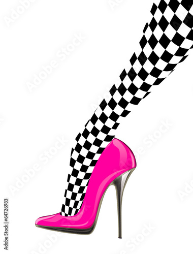 Fotografie woman leg with pink high heel shoe and chess stocking