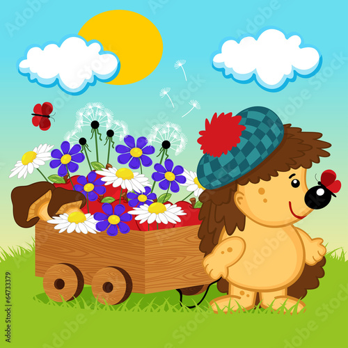 hedgehog with a wooden cart - vector illustration