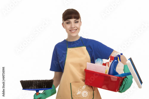 Smiling Caucasian Female Servant With Cleaning Accessories