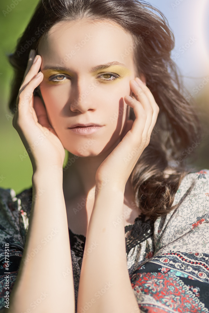 Fototapeta premium Portrait of Beautiful Romantic Girl Outdoors. Model With Long Ha