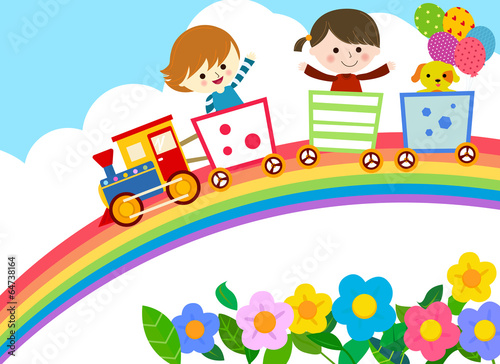 Cute train with kids and dog