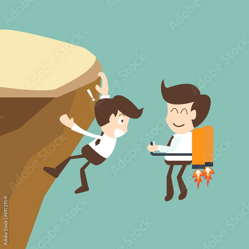 Businessman flying with rocket and climbs a mountain