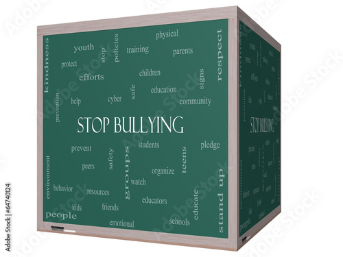 Stop Bullying Word Cloud Concept on a 3D cube Blackboard photo