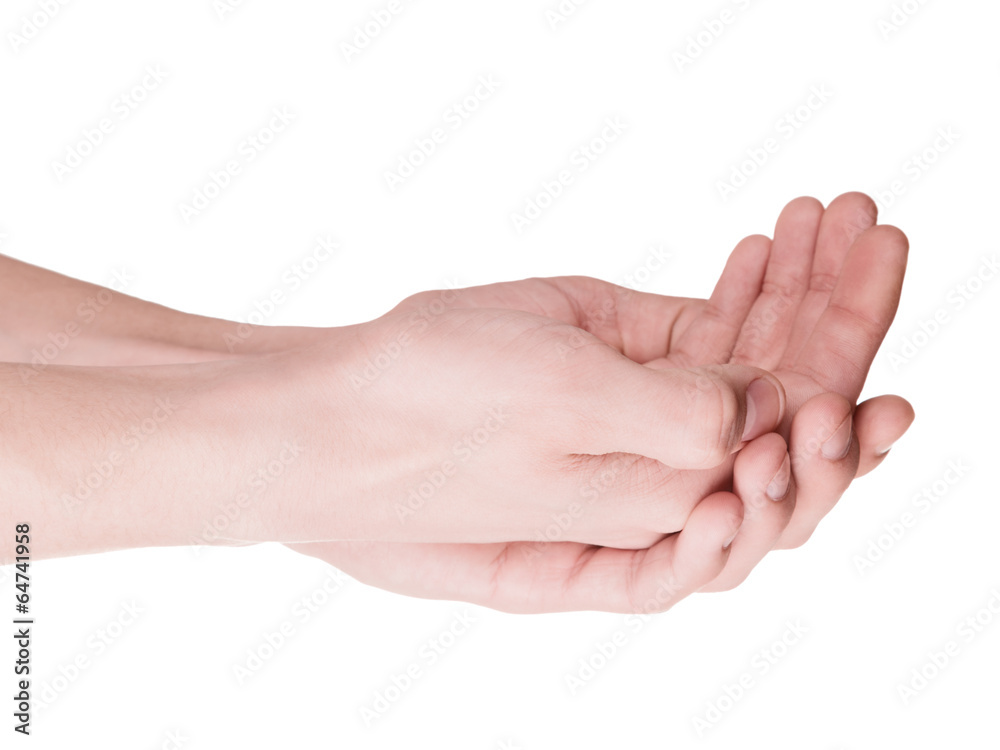 Cupped hands of a young man closeup. Isolation on white Cupped hands of a young man closeup. Isolation on white