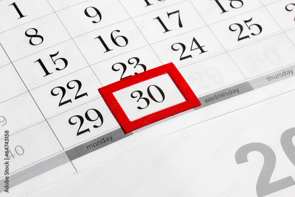 Calendar page with selected last date of month Calendar page with selected last date of month