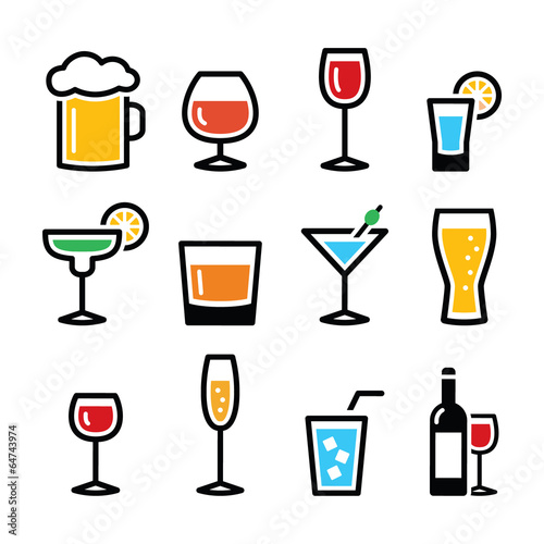 Drink colorful alcohol beverage icons set