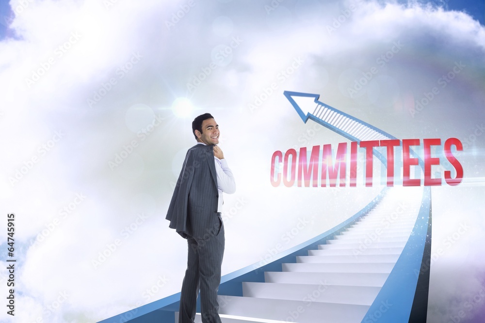 Committees against red staircase arrow pointing up against sky Committees against red staircase arrow pointing up against sky