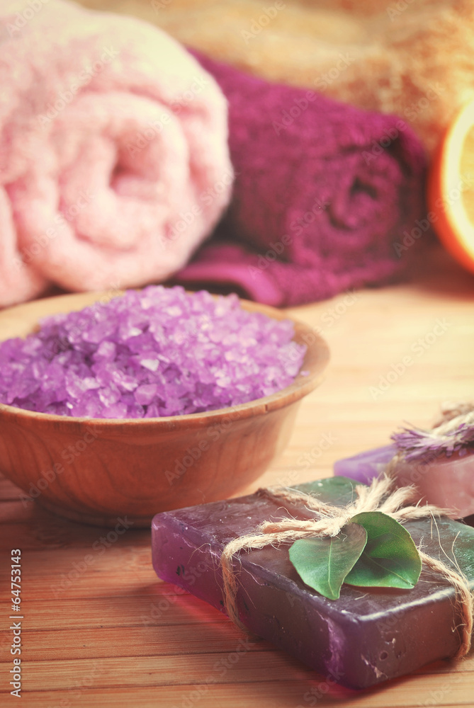 Spa setting with natural soap and sea salt Spa setting with natural soap and sea salt