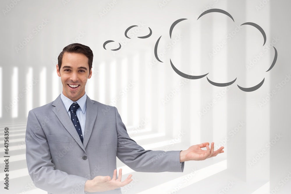 Composite image of young businessman presenting something with t Composite image of young businessman presenting something with t