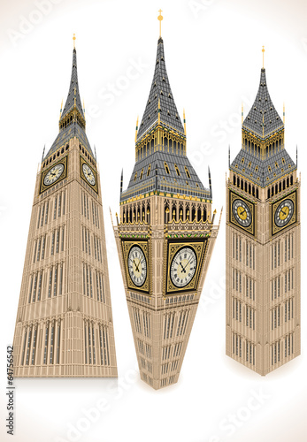 Isometric Big Ben Tower in three positions