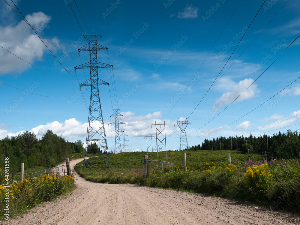 Electricity pylon passing through field, Quebec, Canada Electricity pylon passing through field, Quebec, Canada
