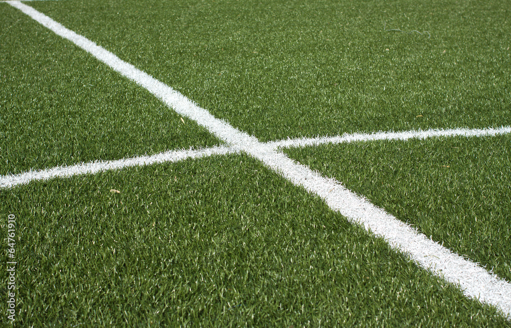 Center a soccer field with synthetic grass and white lines