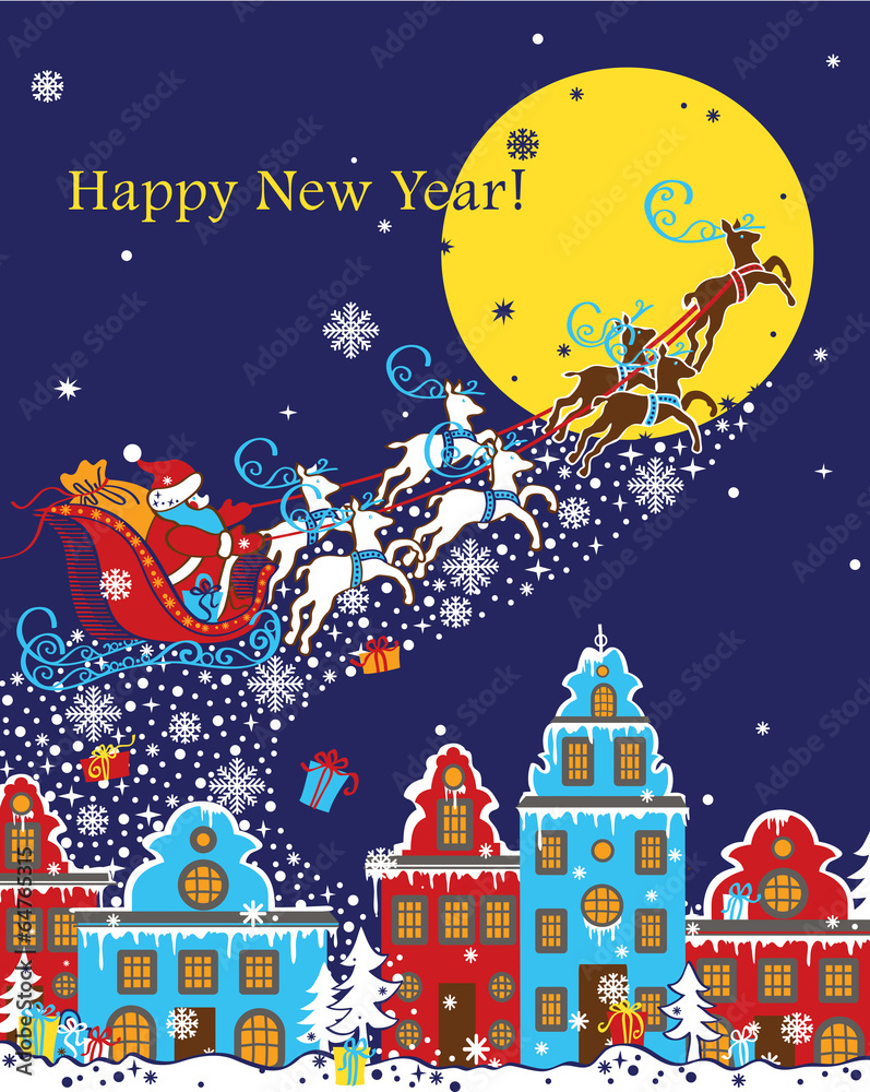 Santa Claus coming to City.New Year greeting card