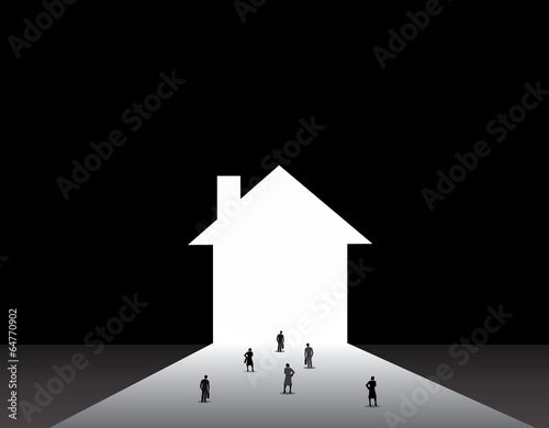 Business men and women standing front of big house home door