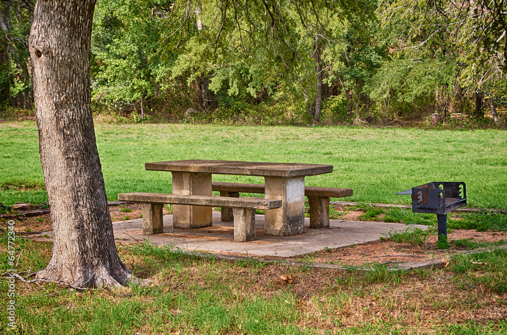 Picnic area with table and grill in the park Picnic area with table and grill in the park