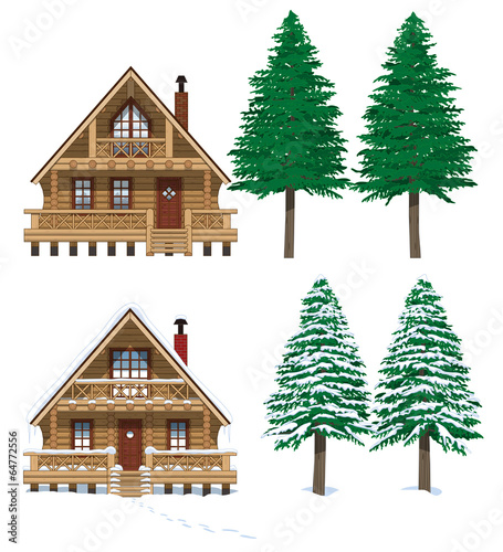 Cuadro en lienzo 冬と夏のログハウス