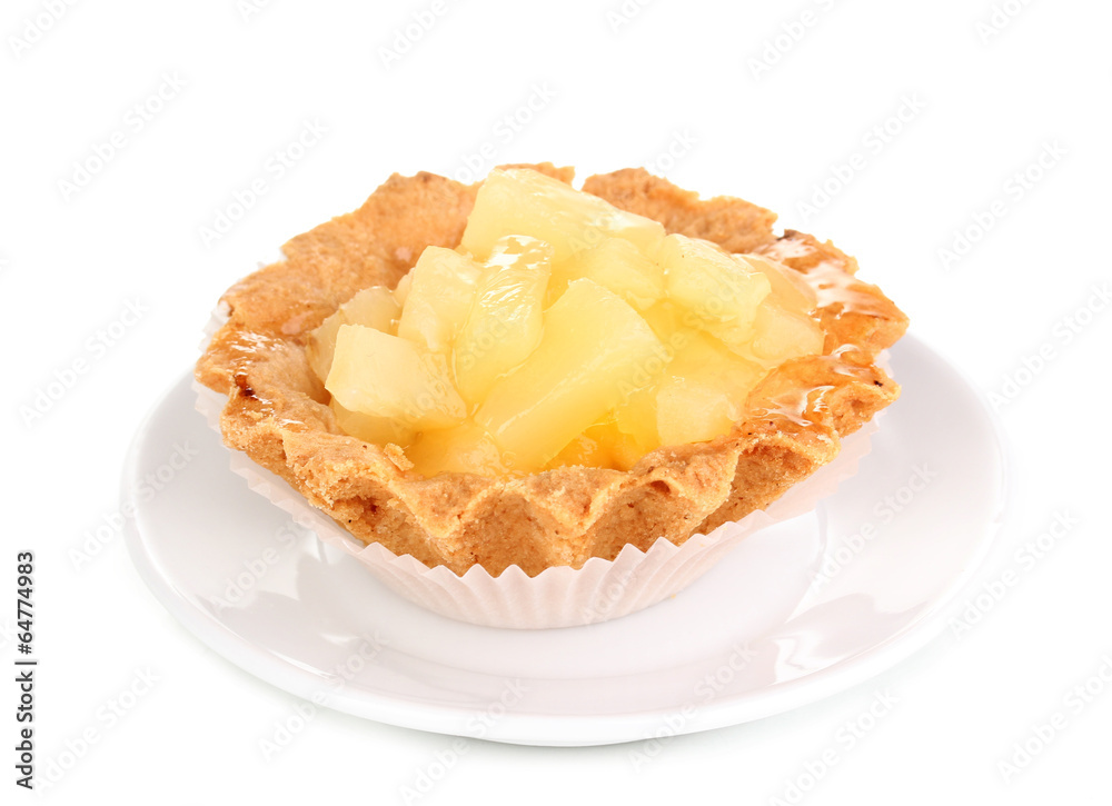 sweet cake with fruits on saucer isolated on white sweet cake with fruits on saucer isolated on white