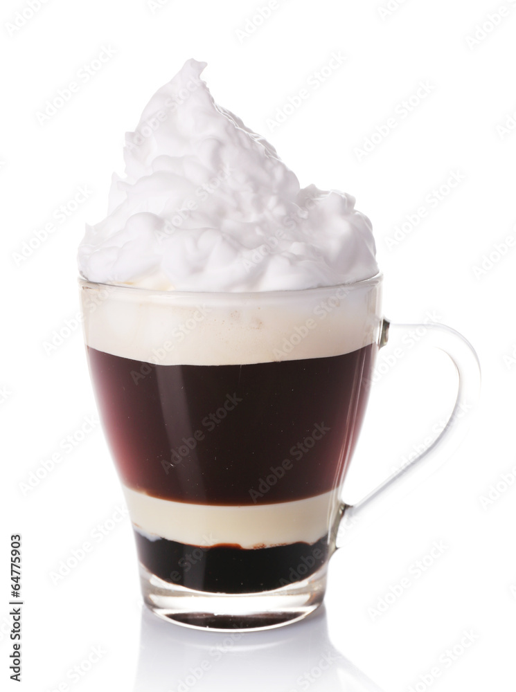 Glass of coffee with cream and chocolate, isolated on white Glass of coffee with cream and chocolate, isolated on white