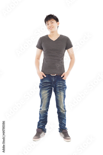 full of confidence young man standing on a white background