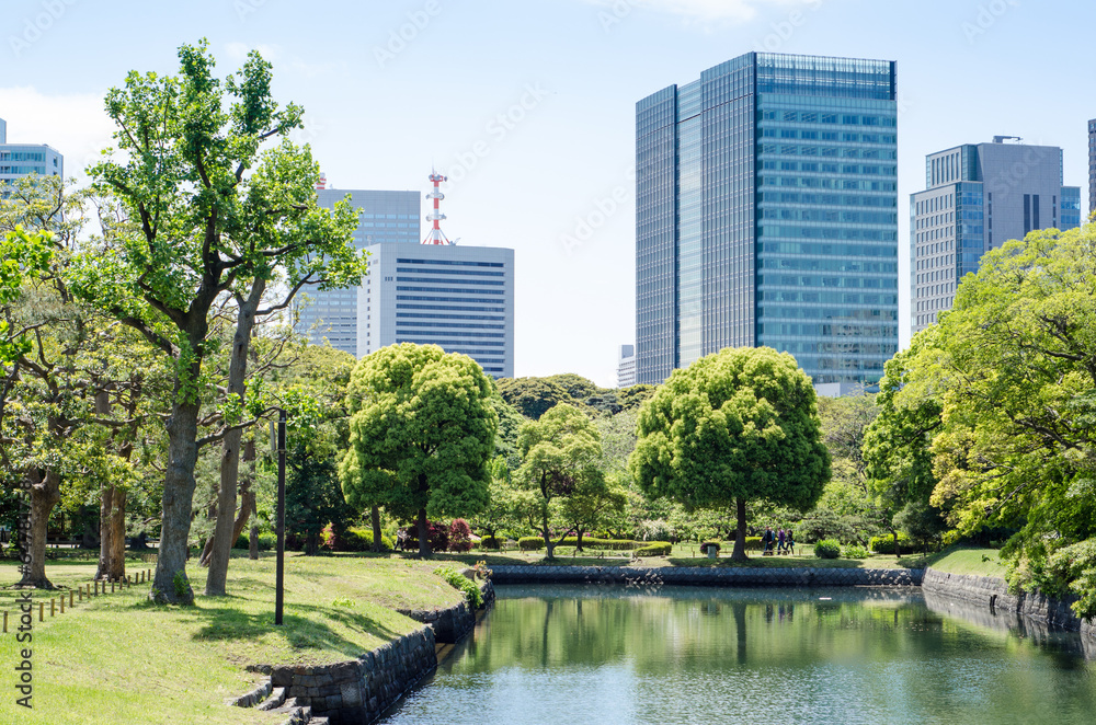 Fototapeta premium Skyscrapers and japanese garden in Tokyo Japan