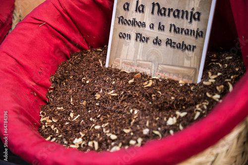 Spices  seeds and tea sold in a traditional market in Granada  S